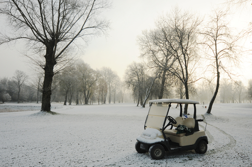 club car on winter golf course 